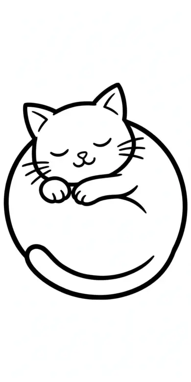 Line drawing of a cat sleeping curled in a circle