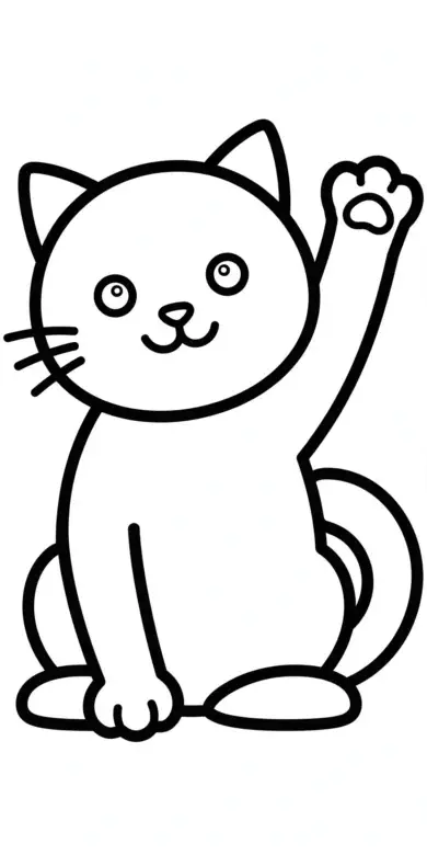 Line drawing of a sitting cat with one paw raised
