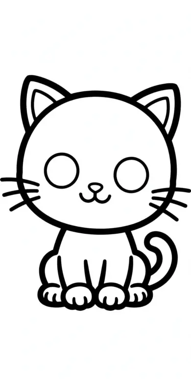 Line drawing of a kitten with a big round head