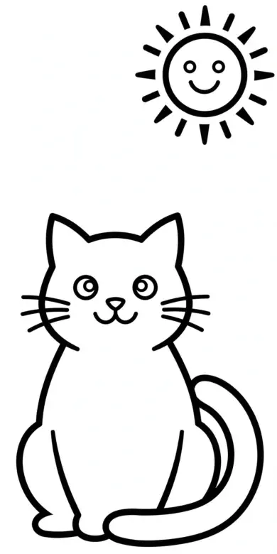 Line drawing of a cat sitting under a smiling sun