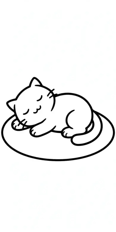 Line drawing of a cat lying on an oval rug