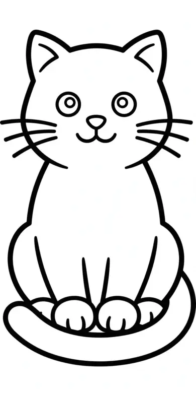 Line drawing of a sitting cat with tail around paws