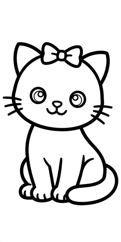 Line drawing of a kitten wearing a bow