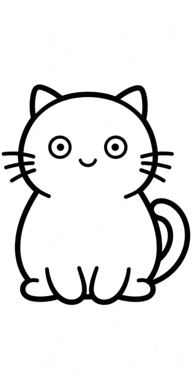 Line drawing of a chubby round cat sitting