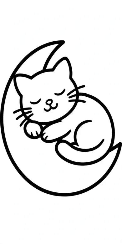 Line drawing of a cat sleeping on a crescent moon