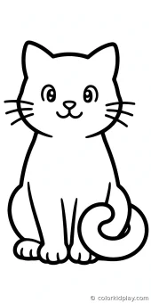 Coloring page of cat sitting in green grass in a flower garden.