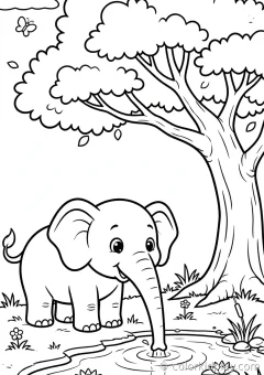 Coloring page of african savanna elephants drinking water from a pond under a big tree.