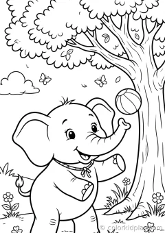 Coloring page of african savanna elephants playing with a ball under a big tree.