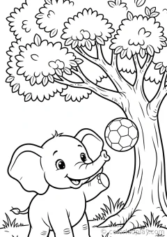 Coloring page of baby elephant playing with a ball under a big tree.