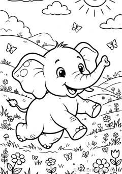 Coloring page of baby elephant running happily in a sunny meadow.