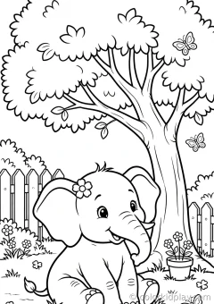 Coloring page of baby elephant sitting under a tree in a cozy backyard.