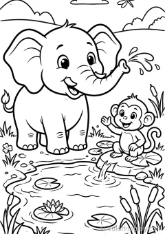 Coloring page of playful baby elephants splashing playing with a friend beside a small pond.