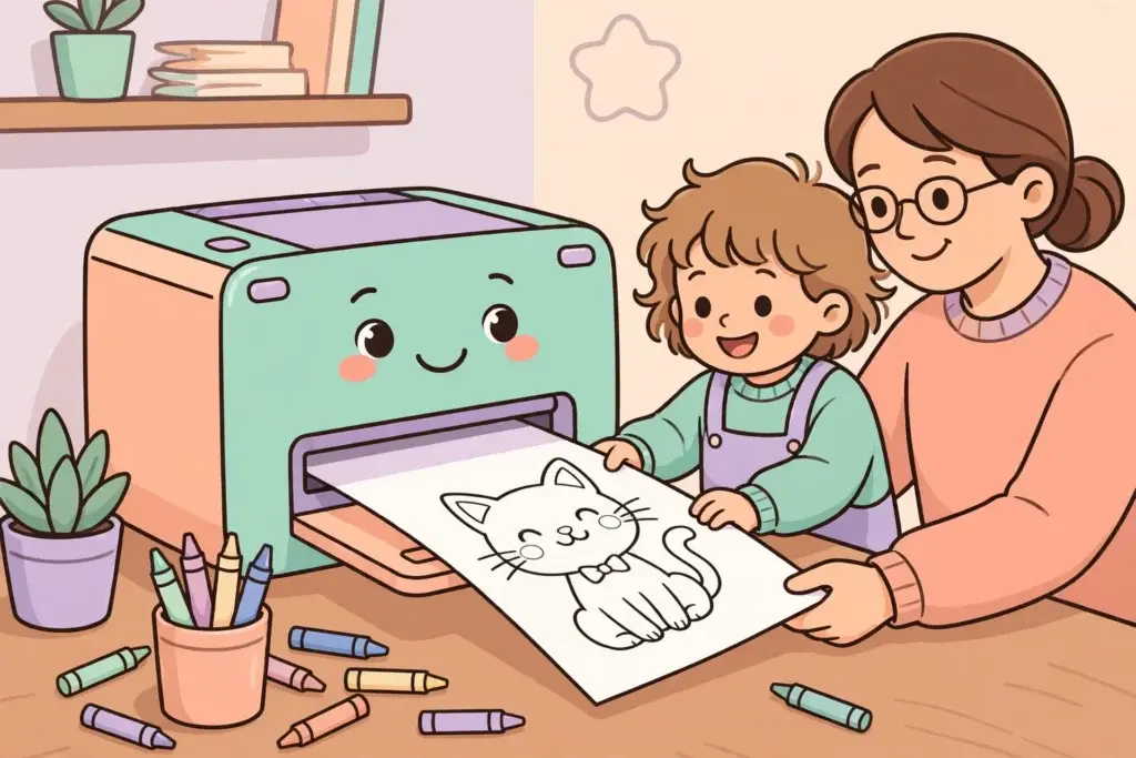 Print coloring pages at home: a parent and child taking a fresh cat coloring sheet from a smiling printer