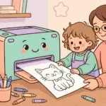 Print coloring pages at home: a parent and child taking a fresh cat coloring sheet from a smiling printer