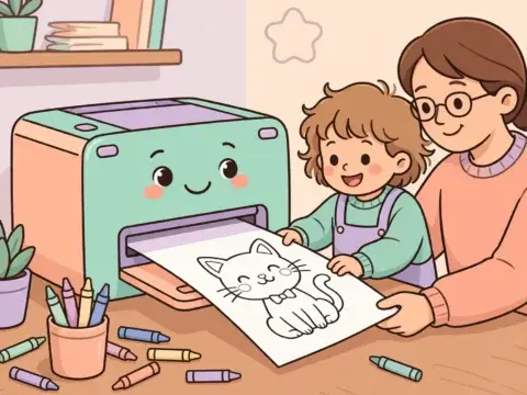 Print coloring pages at home: a parent and child taking a fresh cat coloring sheet from a smiling printer