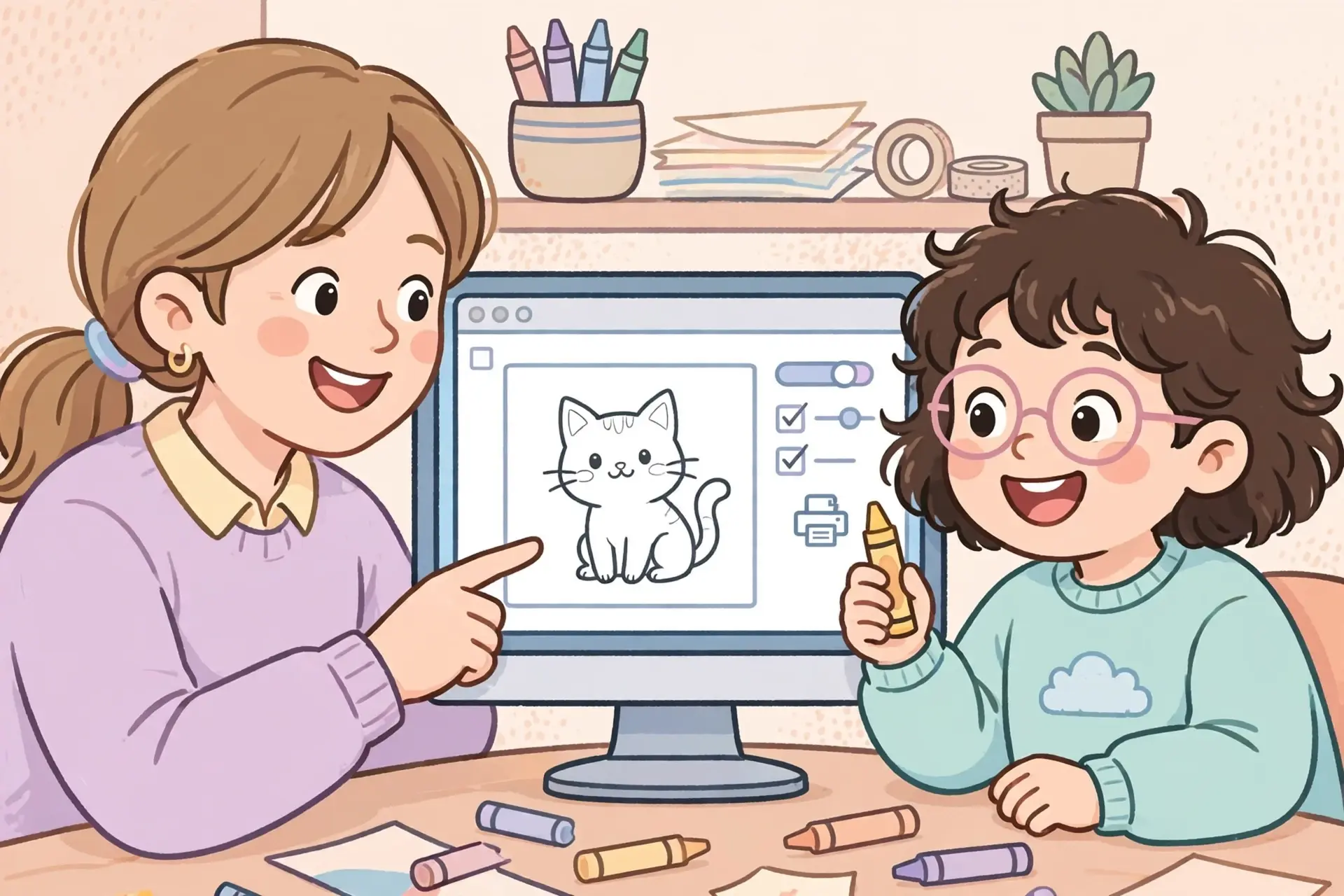 A parent and child checking a cat coloring page in the print preview dialog before printing