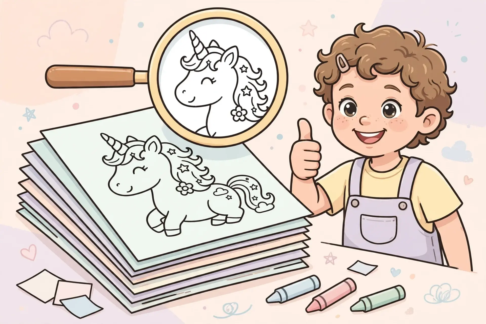 A child giving a thumbs up next to a stack of crisp printed unicorn coloring pages
