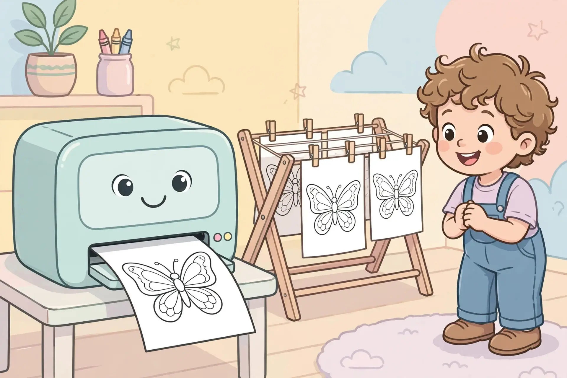 Fresh butterfly coloring pages coming out of the printer and drying on a rack