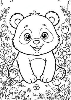 Coloring page of baby panda looking at the viewer with a smile in a flower garden.