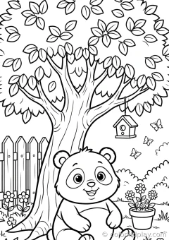 Coloring page of climbing sitting under a tree in a cozy backyard.