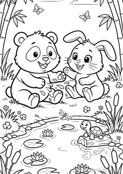 Coloring page of fun panda activities playing with a friend beside a small pond.