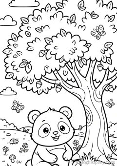 Coloring page of fun panda activities sitting under a tree in a sunny meadow.
