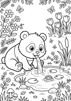 Coloring page of pandas at snack time drinking water from a pond in a flower garden.