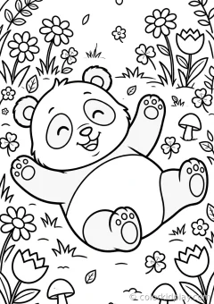 Coloring page of pandas at snack time rolling playfully on the ground in a flower garden.