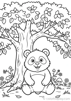 Coloring page of pandas through the seasons looking at the viewer with a smile under a big tree.
