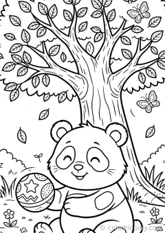 Coloring page of sweet panda naps playing with a ball under a big tree.