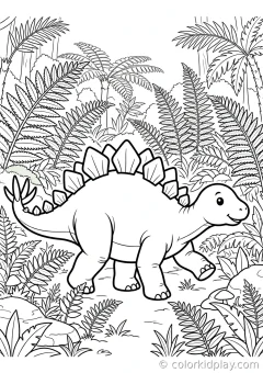Coloring page of families walking through ferns in a prehistoric jungle.