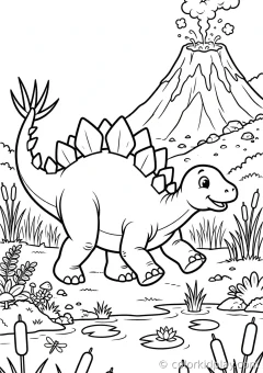 Coloring page of friends stomping near a volcano at the edge of a swamp.