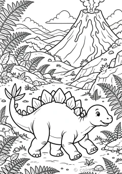 Coloring page of friends stomping near a volcano in a fern valley.