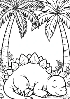 Coloring page of more dinosaur resting under palm trees under palm trees.