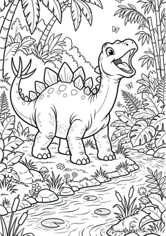 Coloring page of plates roaring joyfully by a tropical river.