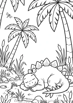 Coloring page of poses resting under palm trees at the edge of a swamp.