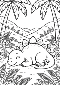 Coloring page of poses resting under palm trees in a fern valley.