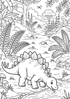 Coloring page of rainbow plates challenge drinking from a river in a prehistoric jungle.