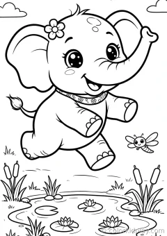 Coloring page of african savanna elephants eating from a bowl in a cozy backyard.