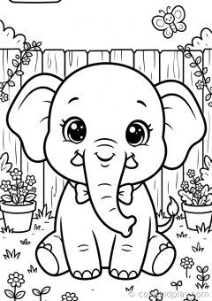Coloring page of african savanna elephants eating from a bowl in a sunny meadow.