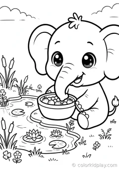 Coloring page of baby elephant looking at the viewer with a smile on a hill at sunset.
