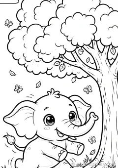 Coloring page of baby elephant playing with a butterfly on a hill at sunset.