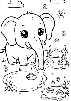 Coloring page of baby elephant rolling playfully on the ground in a cozy backyard.