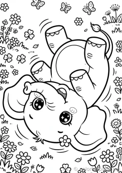 Coloring page of everyday elephant life playing with a butterfly in a sunny meadow.