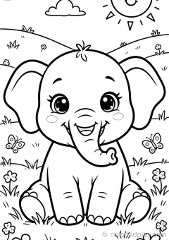 Coloring page of playful baby elephants splashing drinking water from a pond in a sunny meadow.