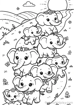 Coloring page of playful baby elephants splashing playing with a butterfly in a flower garden.
