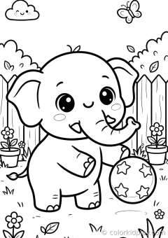 Coloring page of playful baby elephants splashing running happily in a cozy backyard.