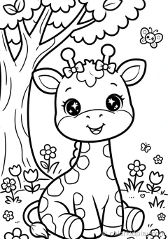 Coloring page of baby giraffes eating from a bowl in a cozy backyard.