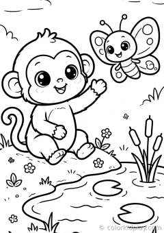 Coloring page of jungle adventurers playing with a ball beside a small pond.
