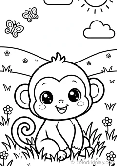 Coloring page of jungle adventurers running happily in a cozy backyard.